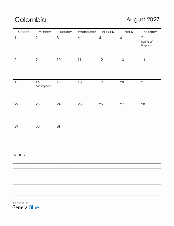 August 2027 Colombia Calendar with Holidays (Sunday Start)
