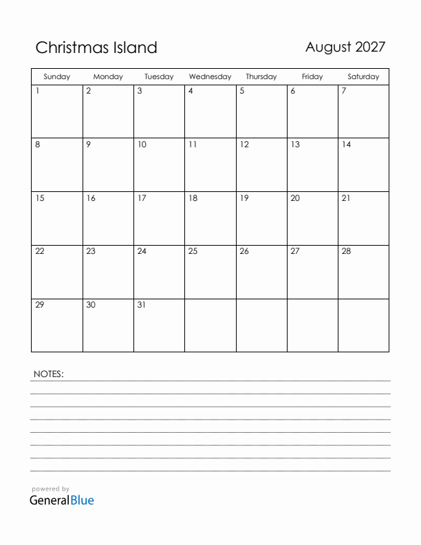 August 2027 Christmas Island Calendar with Holidays (Sunday Start)