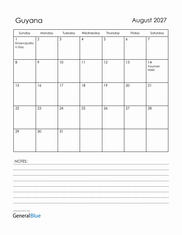 August 2027 Guyana Calendar with Holidays (Sunday Start)