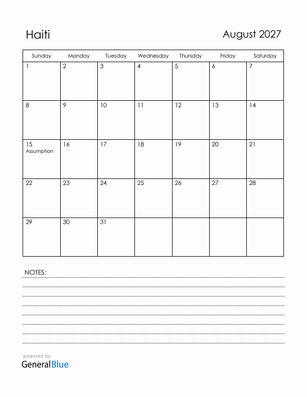 August 2027 Haiti Calendar with Holidays (Sunday Start)