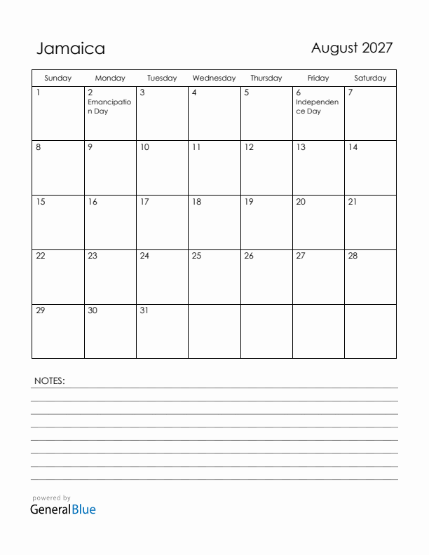 August 2027 Jamaica Calendar with Holidays (Sunday Start)
