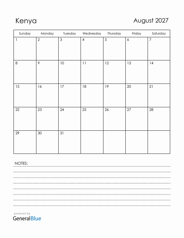 August 2027 Kenya Calendar with Holidays (Sunday Start)