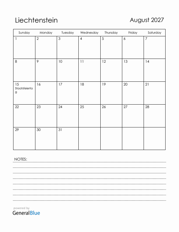 August 2027 Liechtenstein Calendar with Holidays (Sunday Start)