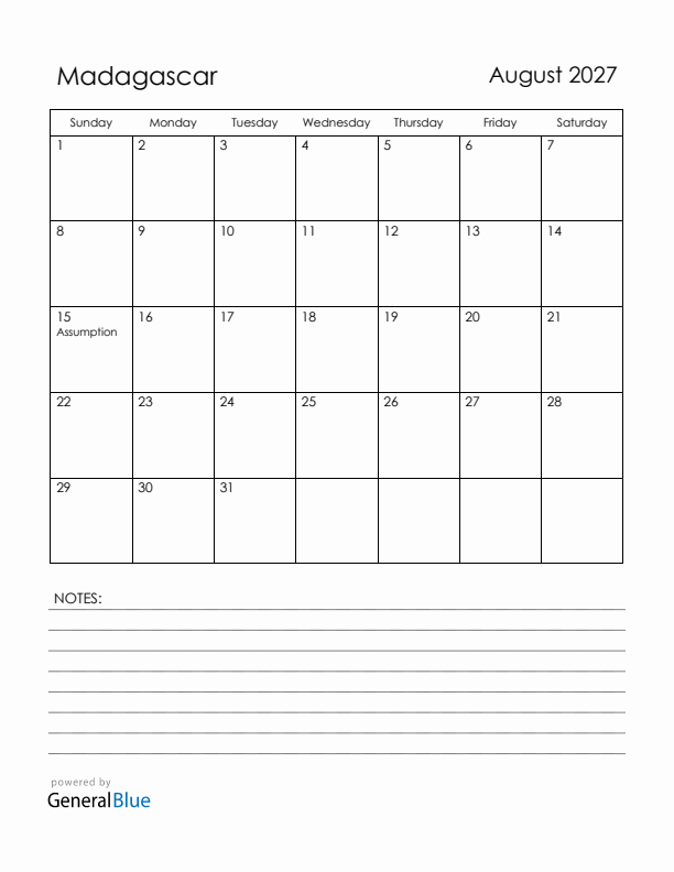 August 2027 Madagascar Calendar with Holidays (Sunday Start)