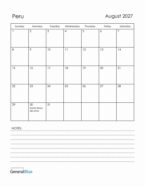 August 2027 Peru Calendar with Holidays (Sunday Start)