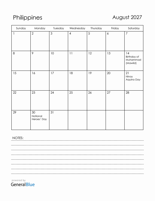 August 2027 Philippines Calendar with Holidays (Sunday Start)