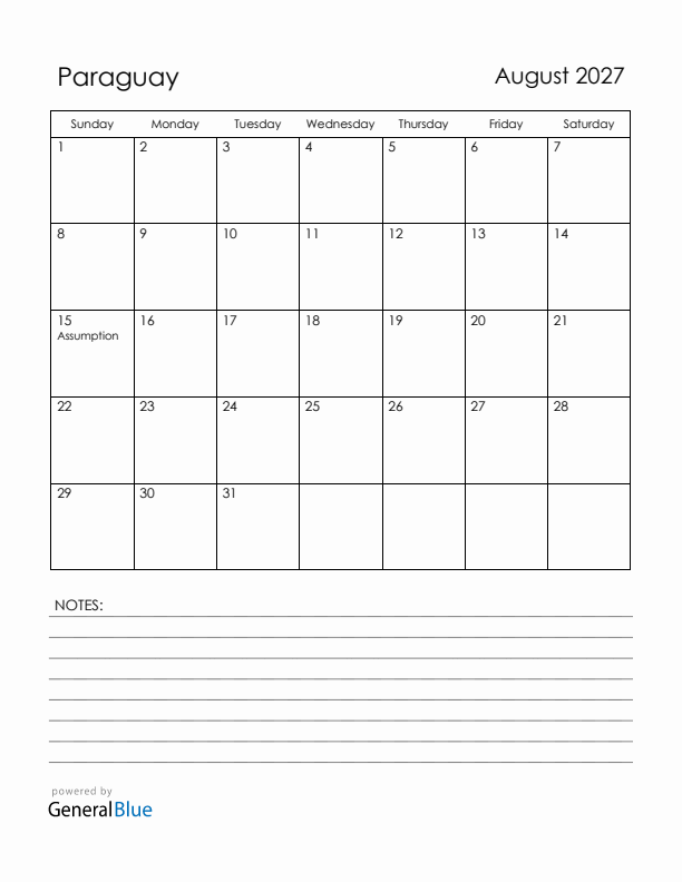 August 2027 Paraguay Calendar with Holidays (Sunday Start)