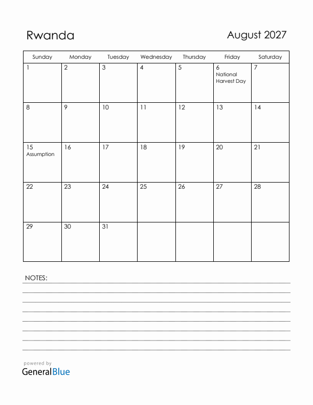 August 2027 Rwanda Calendar with Holidays (Sunday Start)