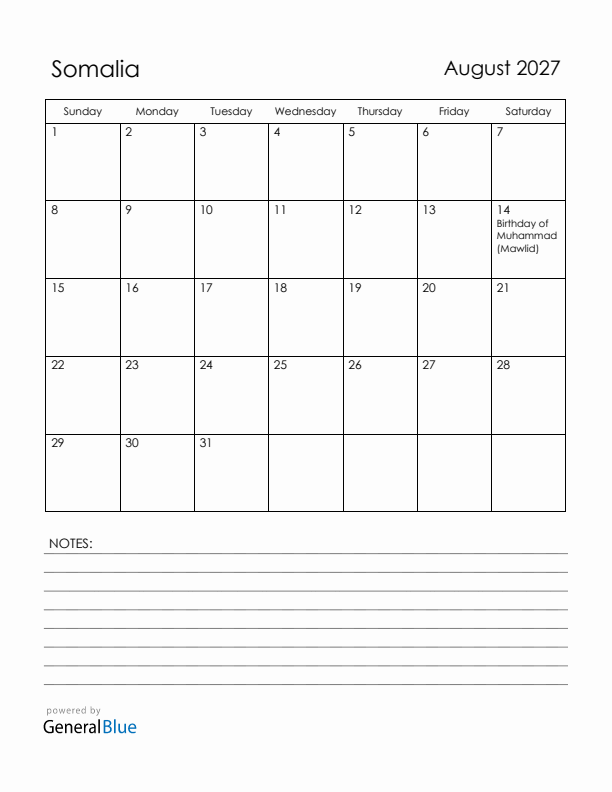 August 2027 Somalia Calendar with Holidays (Sunday Start)