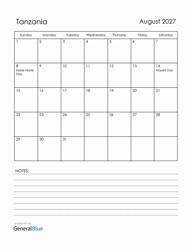 August 2027 Tanzania Calendar with Holidays (Sunday Start)