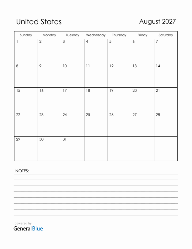 August 2027 United States Calendar with Holidays (Sunday Start)