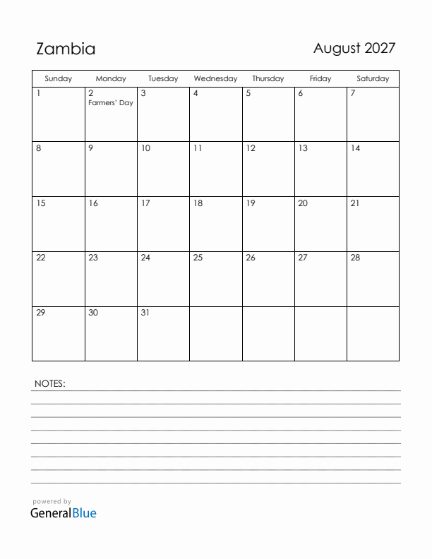 August 2027 Zambia Calendar with Holidays (Sunday Start)