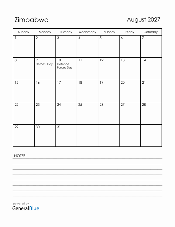 August 2027 Zimbabwe Calendar with Holidays (Sunday Start)