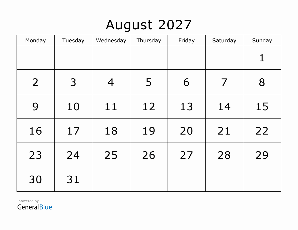 Printable August 2027 Calendar