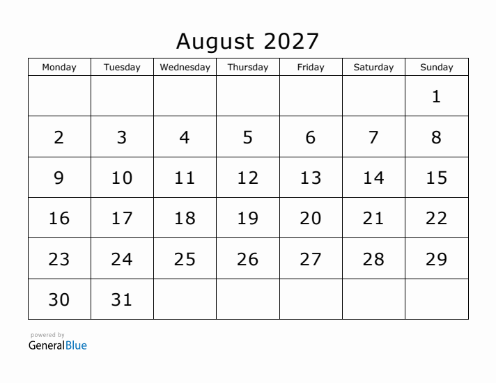 Printable August 2027 Calendar - Monday Start
