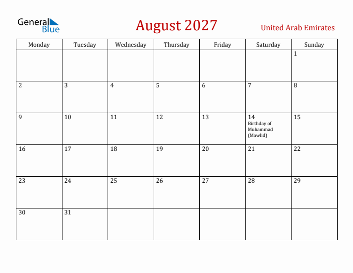 United Arab Emirates August 2027 Calendar - Monday Start