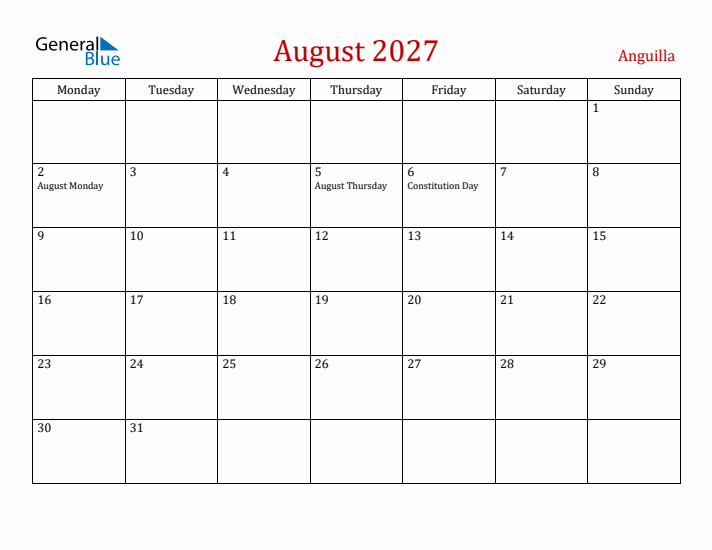 Anguilla August 2027 Calendar - Monday Start