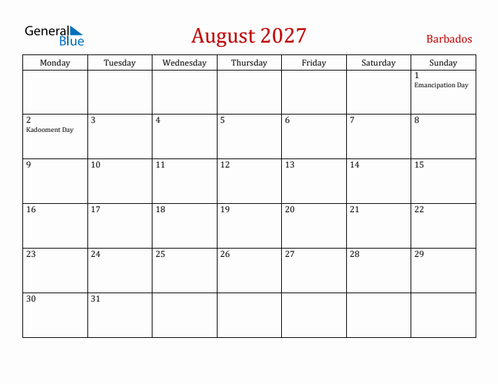Barbados August 2027 Calendar - Monday Start
