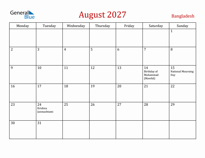 Bangladesh August 2027 Calendar - Monday Start