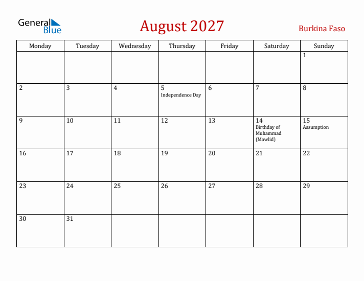 Burkina Faso August 2027 Calendar - Monday Start
