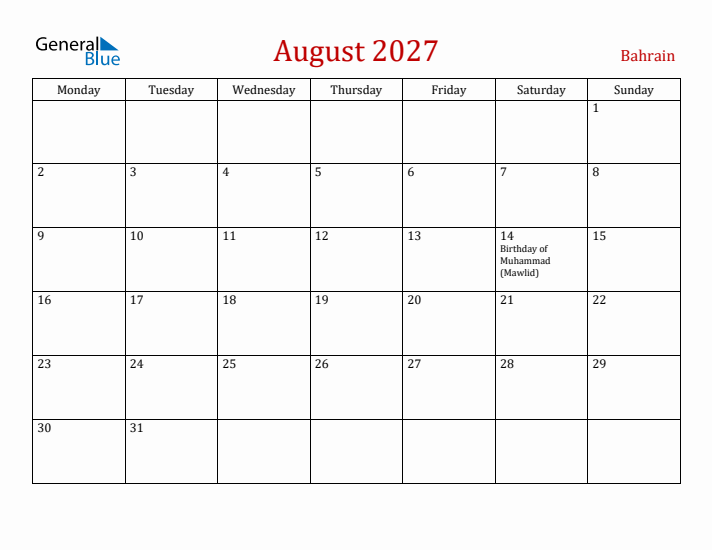 Bahrain August 2027 Calendar - Monday Start