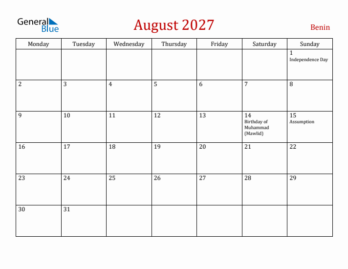 Benin August 2027 Calendar - Monday Start