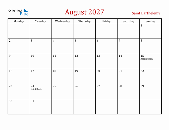 Saint Barthelemy August 2027 Calendar - Monday Start