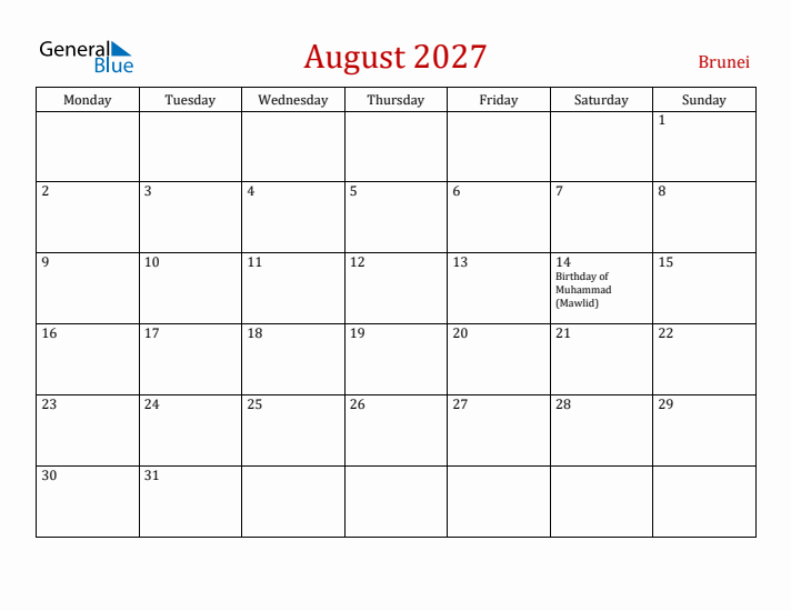 Brunei August 2027 Calendar - Monday Start