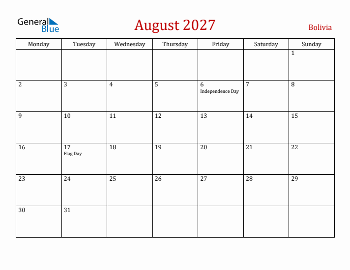 Bolivia August 2027 Calendar - Monday Start