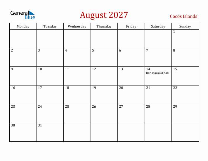 Cocos Islands August 2027 Calendar - Monday Start