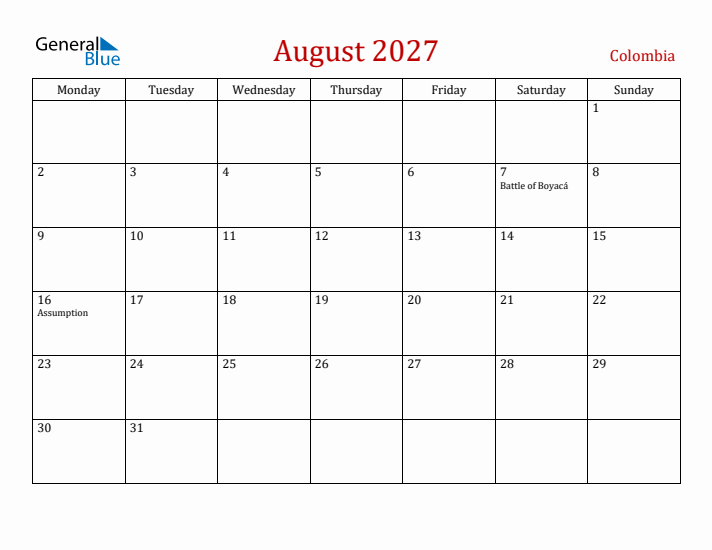 Colombia August 2027 Calendar - Monday Start