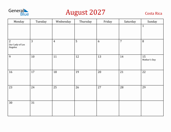 Costa Rica August 2027 Calendar - Monday Start