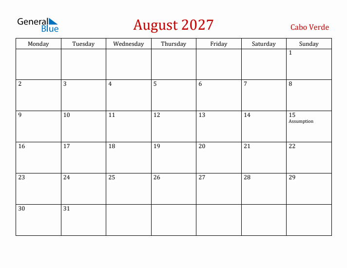 Cabo Verde August 2027 Calendar - Monday Start