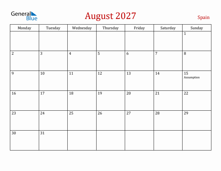 Spain August 2027 Calendar - Monday Start