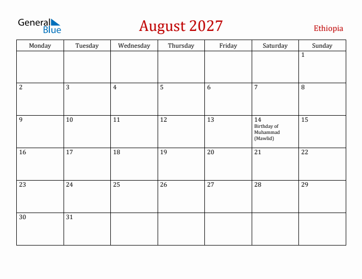 Ethiopia August 2027 Calendar - Monday Start