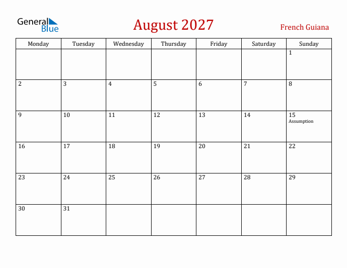 French Guiana August 2027 Calendar - Monday Start