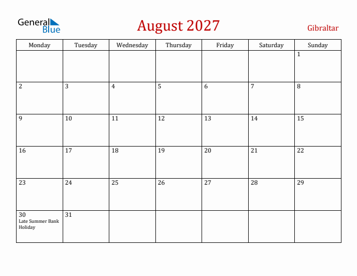 Gibraltar August 2027 Calendar - Monday Start
