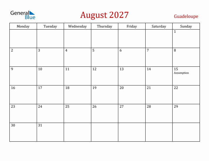 Guadeloupe August 2027 Calendar - Monday Start