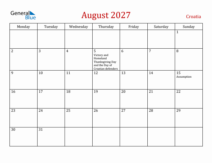 Croatia August 2027 Calendar - Monday Start