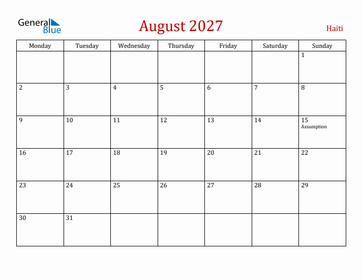 Haiti August 2027 Calendar - Monday Start