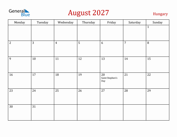 Hungary August 2027 Calendar - Monday Start