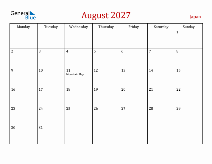 Japan August 2027 Calendar - Monday Start