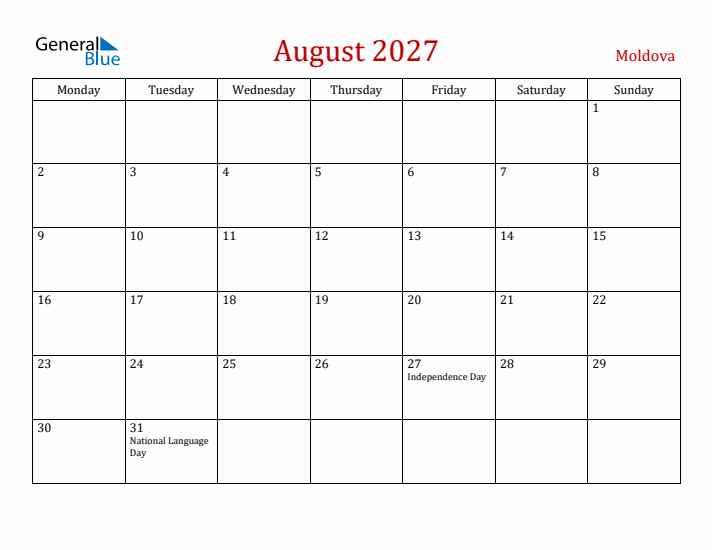 Moldova August 2027 Calendar - Monday Start