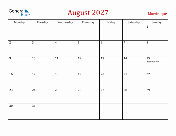 Martinique August 2027 Calendar - Monday Start