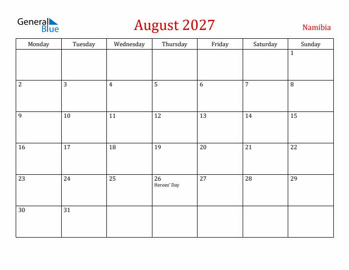 Namibia August 2027 Calendar - Monday Start