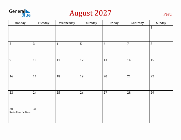 Peru August 2027 Calendar - Monday Start
