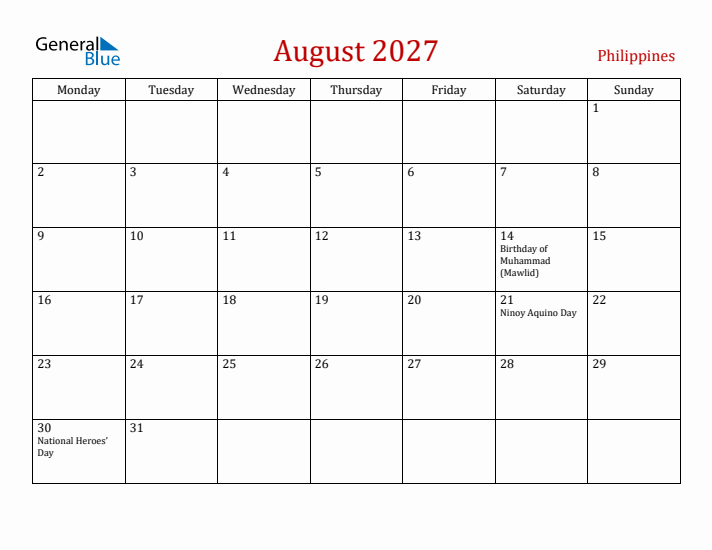 Philippines August 2027 Calendar - Monday Start