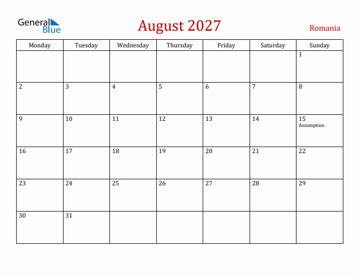 Romania August 2027 Calendar - Monday Start
