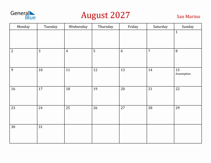 San Marino August 2027 Calendar - Monday Start