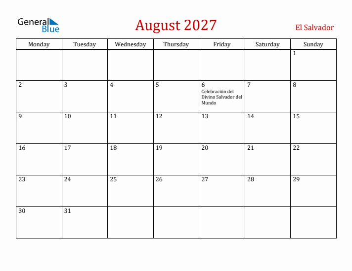 El Salvador August 2027 Calendar - Monday Start